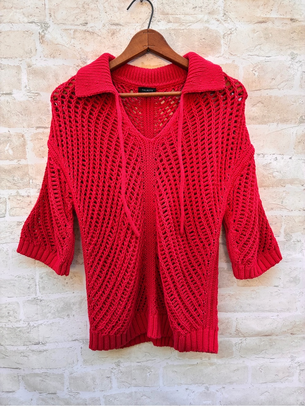 Talbots size M red Open-Knit V-Neck Polo Sweater - Picture 5 of 5